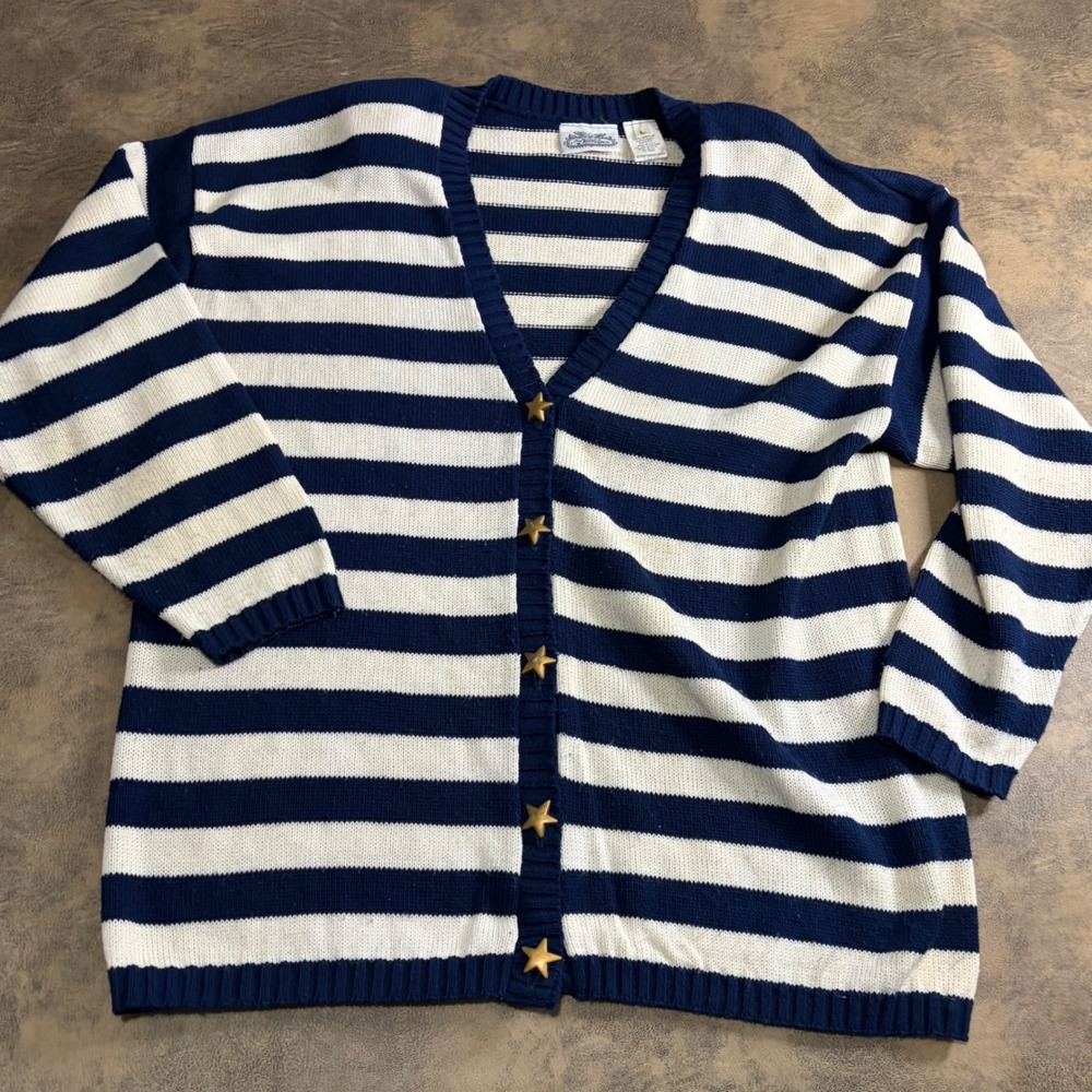 Villager Cardigan Sweater Womens L Blue Sailor Stripe Star Button VTG MADE USA